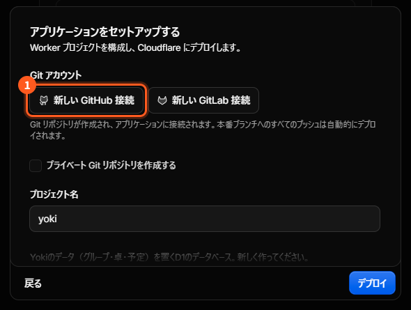 設置の画面の「アプリケーションをセットアップする」。1は「Git アカウント」の「新しい GitHub 接続」のボタン