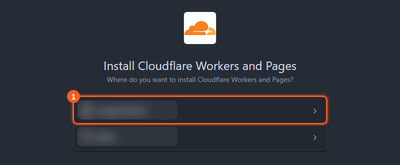 GitHubの「Install Cloudflare Workers and Pages」の画面。入れる先の一覧の、いちばん上の自分のアカウントを枠で囲んでいる。名前はぼかしてある