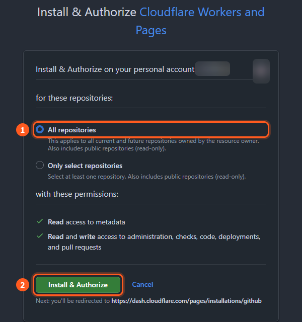 GitHubの「Install & Authorize Cloudflare Workers and Pages」の画面。1は「All repositories」、2は「Install & Authorize」のボタン。名前はぼかしてある