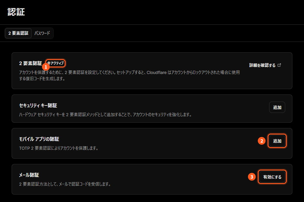 認証の画面。1は2要素認証の「非アクティブ」、2はモバイルアプリの認証の「追加」、3はメール認証の「有効にする」