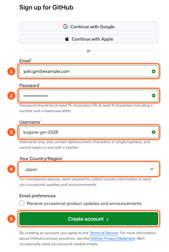 GitHubの登録の画面。1はEmail、2はPassword、3はUsername、4はYour Country/Region、5はCreate accountのボタン