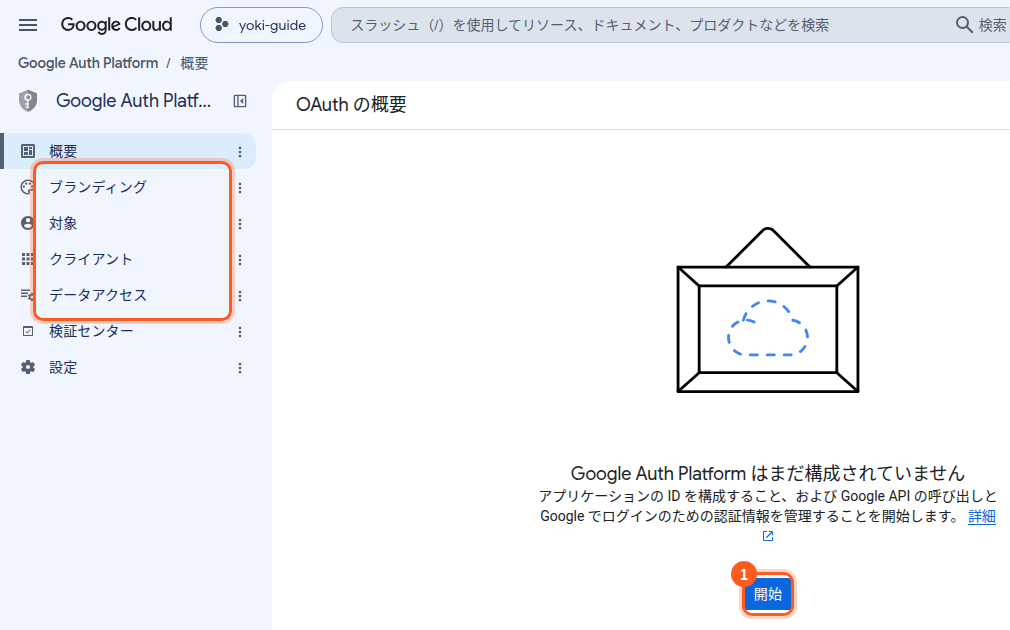 Google Auth Platformの概要の画面。左のブランディング・対象・クライアント・データアクセスを枠で囲み、1は「開始」のボタン