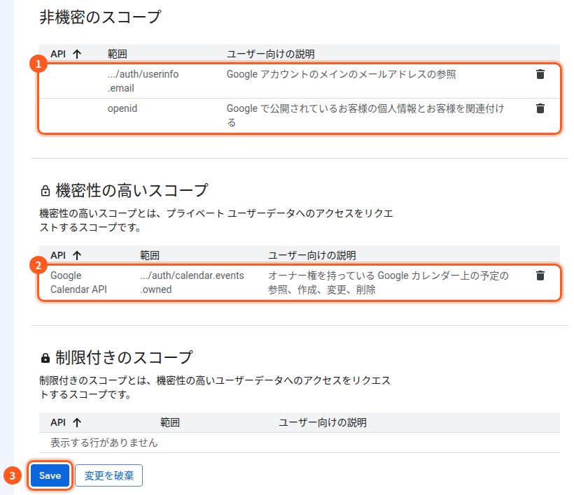 データアクセスの画面。1は非機密のスコープのuserinfo.emailとopenid、2は機密性の高いスコープのcalendar.events.owned、3はSaveのボタン