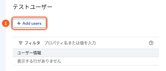 対象の画面のテストユーザー。1は「Add users」のボタン